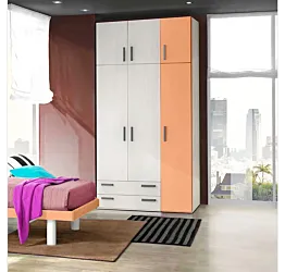 Armadio moderno L.151 a 6 ante e 2 cassetti H.257, finitura Rovere bianco e Papaya