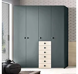 Armadio con 4 ante battenti e 6 cassetti in finitura Rovere ambra e Blu reale