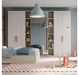Armadio 6 ante battenti con specchi e librerie, Cenere wood, Bianco e Albicocca Zenzero Shop