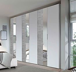 Armadio moderno 6 ante battenti con specchio, finitura Beton e Bianco Opaco