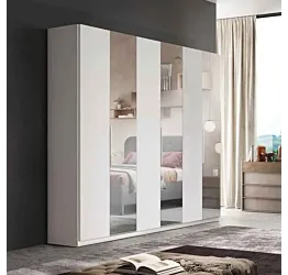 Armadio 6 ante, 274x240h cm, Bianco lucido con specchi, collezione Mondo