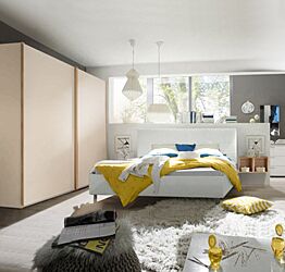 Camera moderna completa in finitura Noce Biondo, Orzo ed ecopelle bianca