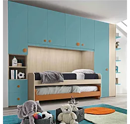 Cameretta a ponte con due letti, finitura Rovere ambra, Terracotta e Celeste