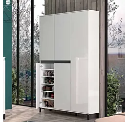 Scarpiera alta Bianco lucido e Ardesia a 5 ante e 20 ripiani, Made in Italy