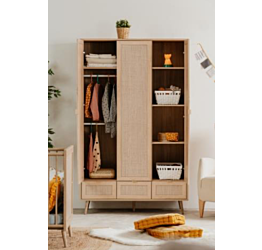 Armadio multiuso 3 ante 3 cassetti in finitura Quercia con pannello effetto Rafia
