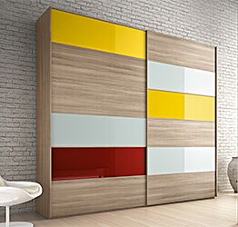 Armadio scorrevole colorato a 2 ante, finitura Vetro giallo, Vetro rosso, Vetro grigio e Olmo