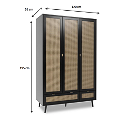 Armadio nero a 3 ante battenti e 2 cassetti, dettagli finitura Oro