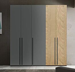 Armadio moderno L.241 H.225 a 5 ante battenti, finiture Royal Oak e Grigio Titanio