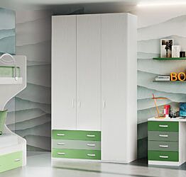 Armadio per camerette a 3 ante e 3 cassetti, finitura Giada, Salvia e Frassino