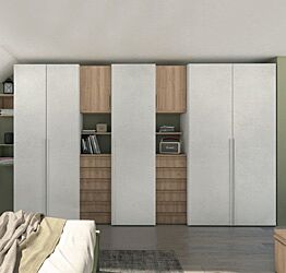 Armadio a 5 ante battenti e cassetti in finitura Royal Oak e Cemento artico 