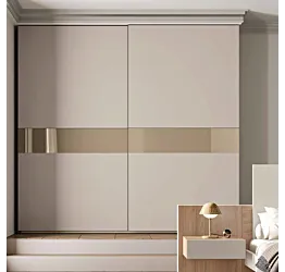 Armadio a 2 ante scorrevoli, Sequoia honey e Corda, con inserti in vetro Beige Zenzero Shop