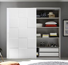 Armadio moderno 2 ante scorrevoli con forme geometriche, 220x210, bianco opaco