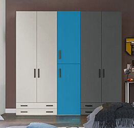 Armadio moderno L.241 a 6 ante e 4 cassetti H.225 finiture Grigio Dorian, Cadaques e Grigio Titanio