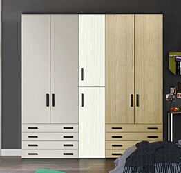 Armadio moderno L.226 a 6 ante e 8 cassetti H.257, finiture Rovere bianco, Royal Oak e Grigio Dorian