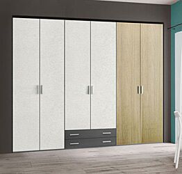 Armadio moderno L.271 a 6 ante e 2 cassetti H.257, finitura Royal Oak, Grigio Titanio e Cemento Artico