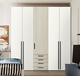 Armadio moderno L.241 a 5 ante e 4 cassetti H.257, finiture Rovere bianco e Noce brina