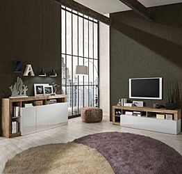 Soggiorno moderno composto da una madia a 4 ante e un porta Tv in finitura bianco e pero