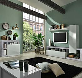 Soggiorno moderno di design composto da parete attrezzata e madia a 2 ante in finitura bianco e Cemento