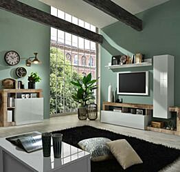 Soggiorno moderno di design composto da parete attrezzata e madia a 2 ante in finitura bianco e Pero Zenzero Shop