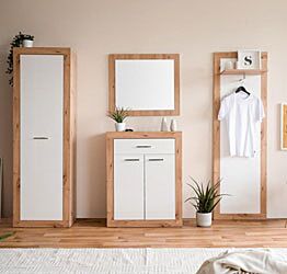 Composizione d'ingresso con appendiabiti, armadio multiuso e madia, Bianco e Quercia