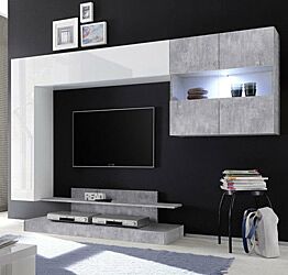 Soggiorno Zenzero, parete attrezzata bianco lucido e beton