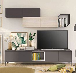 Parete attrezzata per la zona living, Grigia titanio con pensile noce brina