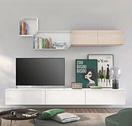 Parete attrezzata sospesa per zona living, Rovere bianco e noce brina