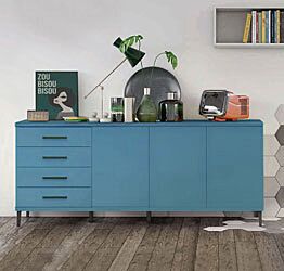 Madia moderna 3 ante 4 cassetti con piedini in titanio, finitura Rovere gesso