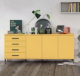 Madia moderna 3 ante 4 cassetti con piedini in titanio, finitura Miele