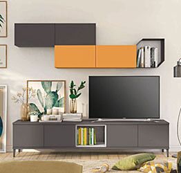 Parete attrezzata per la zona living, Grigia titanio con pensile Papaya