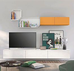 Parete attrezzata sospesa per zona living, rovere bianco e papaya