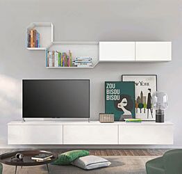 Parete attrezzata sospesa per zona living, rovere bianco e bianco opaco