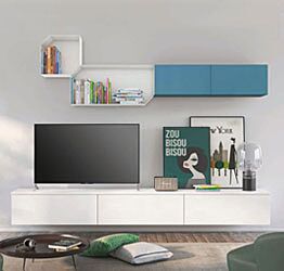 Parete attrezzata sospesa per zona living, Rovere bianco e Cadaques