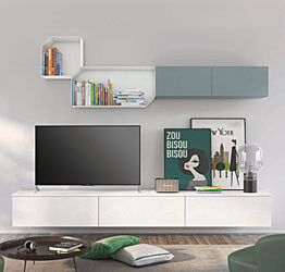 Parete attrezzata sospesa per zona living, rovere bianco e rovere gesso