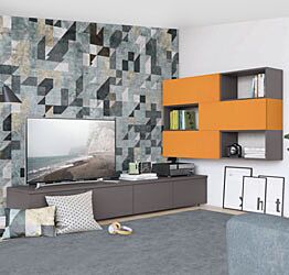 Parete attrezzata ad angolo con base TV e pensili con vani a giorno, titanio e papaya