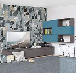 Parete attrezzata ad angolo con base TV e pensili con vani a giorno, titanio e cadaques