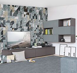 Parete attrezzata ad angolo con base TV e pensili con vani a giorno, titanio e rovere gesso