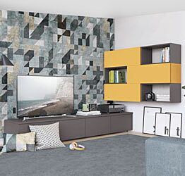 Parete attrezzata ad angolo con base TV e pensili con vani a giorno, miele