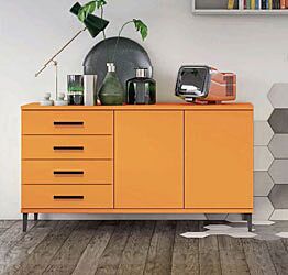 Madia moderna 2 ante 4 cassetti con piedini in titanio, finitura Papaya
