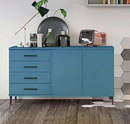 Madia moderna 2 ante 4 cassetti con piedini in titanio, finitura Rovere gesso