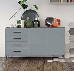 Madia moderna 2 ante 4 cassetti con piedini in titanio, finitura Cadaques