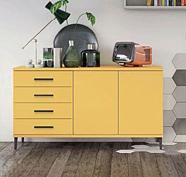 Madia moderna 2 ante 4 cassetti con piedini in titanio, finitura Miele