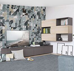 Parete attrezzata ad angolo con base TV e pensili con vani a giorno, titanio e noce brina