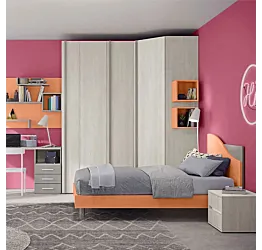 Cameretta completa con armadio angolare, finitura Rovere gesso, Grigio dorian e Papaya