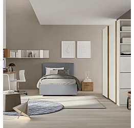 Camera per ragazzi con letto in tessuto, Rovere cognac e Cemento artico