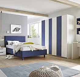 Cameretta moderna con letto imbottito e armadio vertigo blu H.230