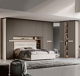 Armadio a ponte con angolo e libreria, finitura Grigio cenere e Olmo natura