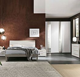 Camera da letto con armadio scorrevole 3 ante e set comò e comodini, finitura Cachemire e Noce bianco