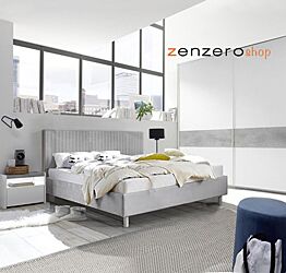 Camera matrimoniale con letto in tessuto grigio, comodini bianchi opachi e  armadio con fascia beton H.248