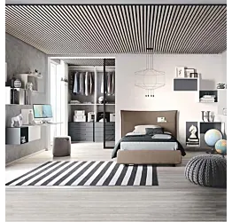 Camera con cabina armadio per ragazzi, finitura Blu reale e Bianco frassino